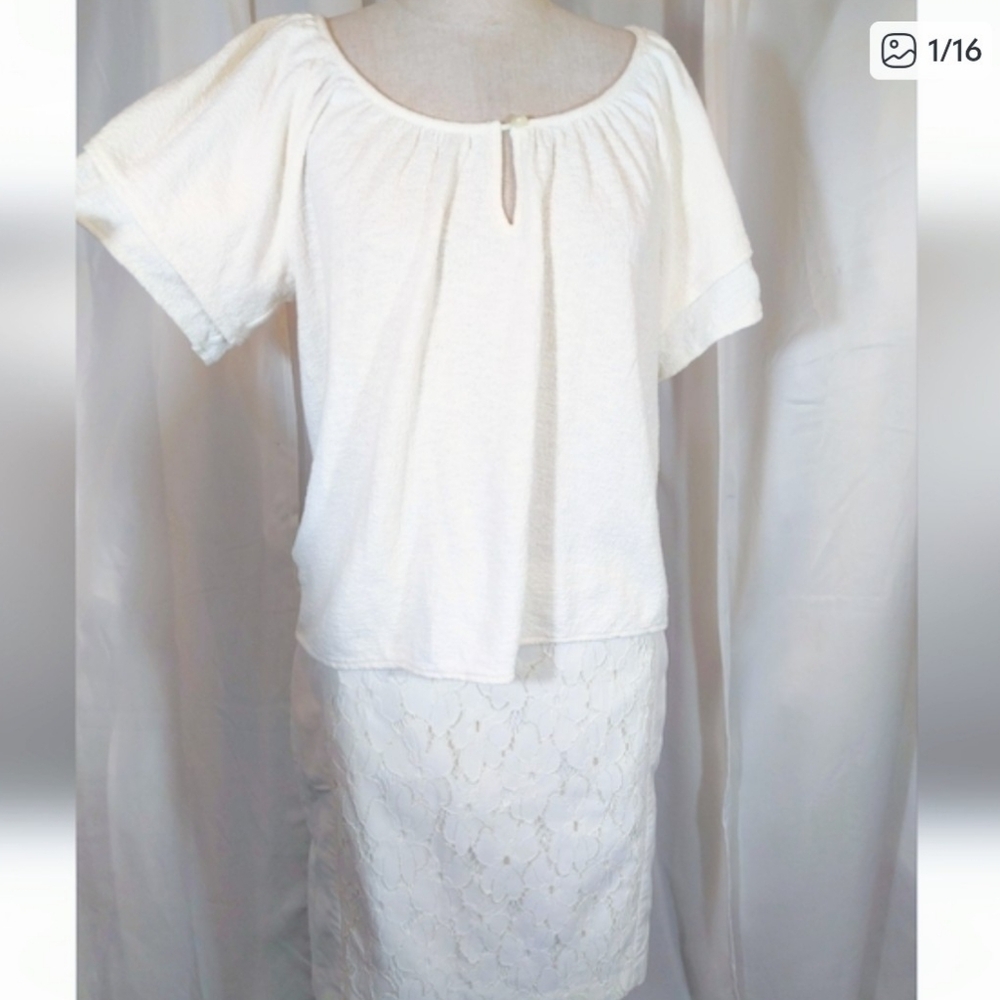 Madewell Blouse+Worthington Short Skirt Ivory, Short Sleeve,Texture,Pleats, M/10